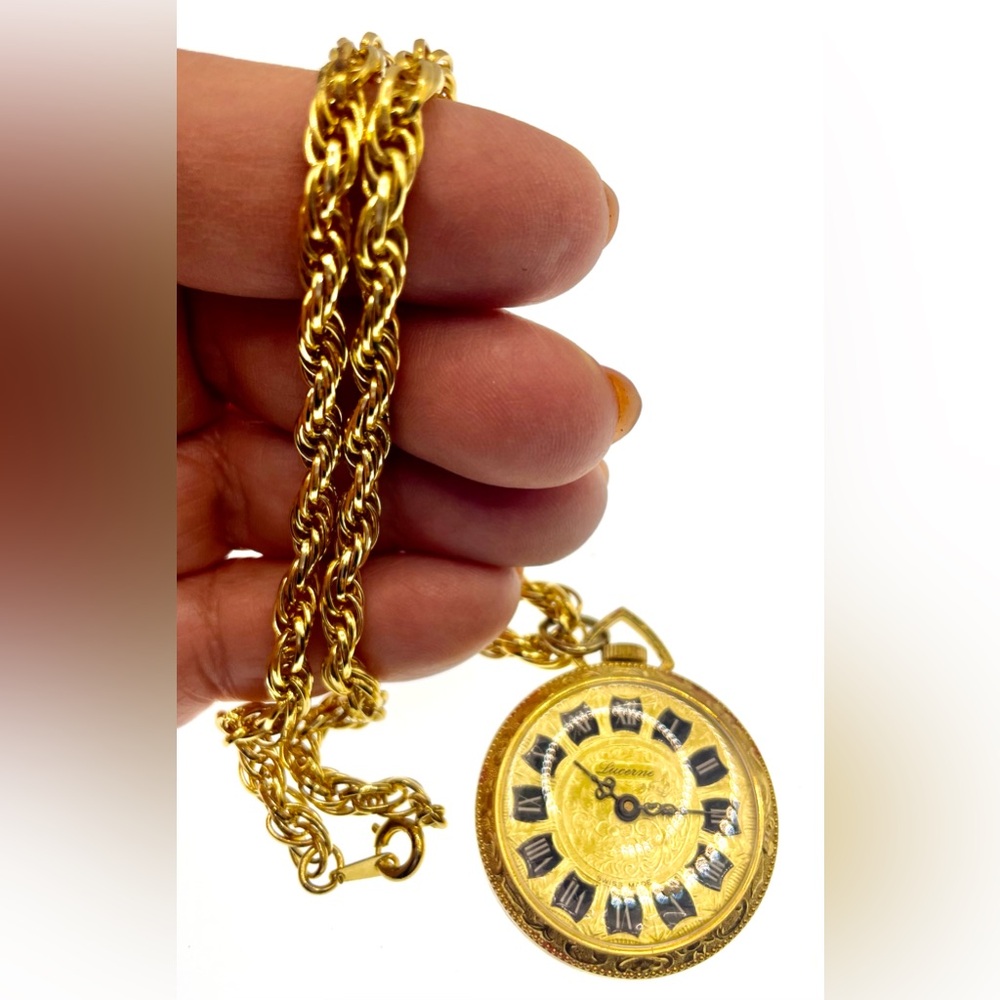 Vintage Lucerne Swiss Made Pendant Watch Necklace Roman Numeral GoldTone Working - Picture 8 of 8